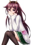  1girl absurdres black_legwear brown_hair closed_mouth eyebrows_visible_through_hair fake_horns feet_out_of_frame green_skirt hair_between_eyes highres horned_headwear horns kantai_collection kisaragi_(kantai_collection) long_hair long_sleeves pleated_skirt purple_hair ribbed_sweater ruin_re_birth simple_background skirt smile solo sweater thigh-highs white_background white_sweater yellow_eyes 