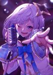  1girl amane_kanata blue_eyes blue_hair colored_inner_hair eyelashes halo high_collar highres hololive jacket long_sleeves looking_at_viewer microphone mikan_(chipstar182) multicolored_hair music one_eye_closed outstretched_hand pink_hair reaching_out short_hair silver_hair singing smile solo streaked_hair teeth turtleneck v-shaped_eyebrows virtual_youtuber water_drop 