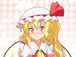  1girl ascot blonde_hair blush cato_(monocatienus) commentary_request flandre_scarlet frilled_shirt_collar frills hat hat_ribbon long_hair mob_cap open_mouth patterned_background puffy_sleeves red_eyes red_ribbon ribbon side_ponytail simple_background solo touhou v-shaped_eyebrows wings yellow_neckwear 