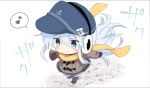  1girl adapted_costume anchor_symbol black_legwear blue_headwear blue_skirt brown_mittens chibi coat commentary_request earmuffs eighth_note flat_cap full_body grey_coat grey_eyes hat hibiki_(kantai_collection) highres hizuki_yayoi kantai_collection long_hair mittens musical_note pleated_skirt running scarf silver_hair skirt solo spoken_musical_note thigh-highs winter_clothes yellow_scarf 