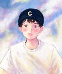  1boy baseball_cap black_eyes black_hair black_headwear blue_sky blush clouds cloudy_sky hat highres looking_at_viewer original parted_lips shirt short_hair short_sleeves sky solo upper_body white_shirt yoovora 