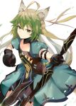  1girl absurdres ahoge animal_ears atalanta_(fate) blonde_hair bow_(weapon) cat_ears dress fate/apocrypha fate_(series) gauntlets green_hair highres holding holding_bow_(weapon) holding_weapon long_hair multicolored_hair puffy_short_sleeves puffy_sleeves same_(sendai623) short_sleeves simple_background solo two-tone_hair weapon white_background 