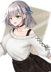  1girl :d bangs black_choker blue_ribbon braid breasts choker collarbone cowboy_shot eyebrows_visible_through_hair eyelashes fate_(series) french_braid green_eyes hair_ribbon half_updo highres hololive huge_breasts jewelry large_breasts light_blush long_sleeves looking_at_viewer miniskirt miyagi_ratona off-shoulder_sweater off_shoulder open_mouth pendant pendant_choker plaid plaid_skirt ribbed_sweater ribbon shirogane_noel short_hair sidelocks silver_hair skirt smile solo sweater upper_teeth virtual_youtuber white_sweater 