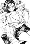  1girl absurdres bangs borrowed_character bra breasts coffee_maker_(object) collarbone desk english_commentary glasses greyscale highres holding holding_clothes holding_shirt ink_(medium) jewelry large_breasts looking_at_viewer mole mole_on_breast monochrome office_lady on_desk open_clothes open_shirt original pencil_skirt piggy_bank ravenhart shirt short_hair single_earring sitting sitting_on_desk skirt solo traditional_media underwear 