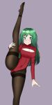  1girl absurdres bangs blush cleavage_cutout clothing_cutout eyebrows_visible_through_hair green_eyes green_hair hand_on_own_thigh herd001 highres indie_virtual_youtuber koopa_fortuna open_hand pantyhose purple_background red_sweater ribbed_sweater smile soles solo spiral_eyes split standing standing_on_one_leg standing_split sweater virtual_youtuber 
