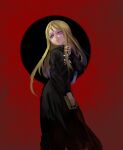 1girl black_dress blonde_hair book copyright_request dress hand_up head_tilt holding holding_book inishie_kumo long_dress long_hair long_sleeves looking_at_viewer parted_lips red_background smile solo standing violet_eyes 