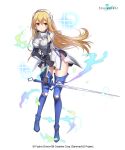  1girl absurdres aiz_wallenstein aiz_wallenstein_(cosplay) armor black_gloves blonde_hair blue_footwear boots breastplate cosplay crossover dress dungeon_ni_deai_wo_motomeru_no_wa_machigatteiru_darou_ka elbow_gloves faulds floating_hair full_body gloves haru_estia headdress highres holding holding_sword holding_weapon kyjsogom leaning_forward long_hair looking_at_viewer official_art orange_eyes parted_lips pelvic_curtain shoulder_armor side_cutout sleeveless sleeveless_dress solo soul_worker spaulders sword thigh-highs thigh_boots thighs vambraces weapon white_dress 