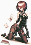  1girl ace_of_clubs alternate_costume arknights ass_visible_through_thighs bare_shoulders black_gloves black_leotard breasts brown_legwear card closed_mouth commentary_request elbow_gloves exusiai_(arknights) fishnet_legwear fishnets full_body gloves harness highleg highleg_leotard highres holding-card king_of_hearts_(card) kneeling latex latex_gloves latex_leotard leotard looking_at_viewer no_shoes o-ring orange_eyes pantyhose playing_card redhead shiny shiny_clothes short_hair small_breasts solo thigh-highs thighhighs_over_pantyhose veilrain 