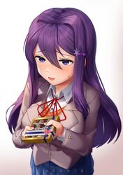  1girl absurdres artist_name bangs blue_skirt blush breasts chocolate commentary doki_doki_literature_club english_commentary eyebrows_visible_through_hair gradient gradient_background grey_background grey_jacket hair_between_eyes hair_ornament hairclip highres jacket large_breasts long_hair neck_ribbon open_mouth purple_hair red_neckwear red_ribbon ribbon sasoura school_uniform shirt simple_background skirt snowflake_hair_ornament solo sweatdrop violet_eyes white_shirt wing_collar yuri_(doki_doki_literature_club) 