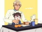  2boys amuro_tooru animal black-framed_eyewear blonde_hair blue_eyes blurry brown_hair child closed_eyes closed_mouth commentary_request cup depth_of_field dog edogawa_conan english_text feeding food fruit glasses haro_(meitantei_conan) holding holding_food holding_fruit k_(gear_labo) kotatsu long_sleeves looking_at_another looking_to_the_side male_focus mandarin_orange meitantei_conan multiple_boys napkin open_mouth orange orange_slice shirt short_hair sitting table tongue tongue_out two-tone_background under_kotatsu under_table white_background white_shirt yellow_background 