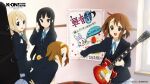  4girls :d akiyama_mio bangs black_hair blazer blonde_hair blue_eyes blue_jacket blue_neckwear blunt_bangs blush brown_eyes brown_hair carrying carrying_over_shoulder collared_shirt copyright_name electric_guitar english_text grey_eyes guitar highres hirasawa_yui holding holding_instrument indoors instrument instrument_case jacket k-on! k-on!_movie kotobuki_tsumugi leaning_forward les_paul looking_at_viewer multiple_girls official_art open_mouth poster_(object) sakuragaoka_high_school_uniform school_uniform shirt sidelocks smile stairwell tainaka_ritsu teeth tongue translation_request upper_teeth white_shirt window wing_collar 