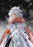  1girl arknights armband bangs blurry blurry_background breasts covered_mouth eyebrows_visible_through_hair feather_hair guangnian hair_flaps hand_up highres jacket long_hair long_sleeves looking_to_the_side medium_breasts ptilopsis_(arknights) red_scarf scarf sleeves_past_wrists snow solo standing upper_body white_hair white_jacket wide_sleeves yellow_eyes 