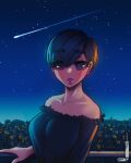  1girl bare_shoulders blue_hair breasts city_lights cityscape commentary english_commentary eyebrows_visible_through_hair eyes_visible_through_hair highres large_breasts lipstick loen looking_at_viewer makeup mole mole_on_neck original parted_lips purple_shirt railing red_lips red_lipstick shirt shooting_star short_hair sky solo star_(sky) starry_sky strapless_shirt twitter_username violet_eyes 