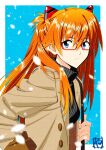  bag blue_eyes coat glasses highres interface_headset long_hair looking_at_viewer neon_genesis_evangelion orange_hair snowing souryuu_asuka_langley sweater yamayoshi 