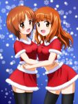  2girls :d bangs black_legwear blue_background blunt_bangs breast_press breasts brown_eyes brown_hair christmas commentary_request cowboy_shot doutanuki eyebrows_visible_through_hair fur-trimmed_shirt fur-trimmed_skirt fur_trim girls_und_panzer hand_on_another&#039;s_waist highres holding_hands interlocked_fingers long_hair looking_at_viewer medium_breasts midriff miniskirt multiple_girls nishizumi_miho open_mouth orange_eyes orange_hair red_shirt red_skirt santa_costume shirt short_hair short_sleeves skirt smile snowflake_background standing symmetrical_docking symmetrical_hand_pose takebe_saori thigh-highs zettai_ryouiki 