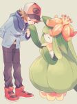  1boy baseball_cap blue_jacket brown_hair brown_pants closed_eyes closed_mouth commentary_request gen_5_pokemon hat highres hilbert_(pokemon) holding_hand jacket komasawa_(fmn-ppp) lilligant long_sleeves male_focus pants pokemon pokemon_(creature) pokemon_(game) pokemon_bw red_footwear shoes smile standing zipper_pull_tab 