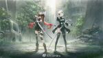  2girls black_dress black_hair blindfold boots crossover dress hair_ornament highres long_hair looking_at_viewer lucia_(punishing:_gray_raven) multiple_girls nier_(series) nier_automata official_art punishing:_gray_raven red_eyes redhead short_hair sword thigh-highs torn_clothes torn_legwear twintails weapon white_hair yorha_no._2_type_b zema_haru 