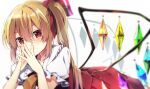 1girl arm_support arms_up blonde_hair blurry blurry_background commentary cravat eyebrows_visible_through_hair fingers_together flandre_scarlet hair_between_eyes hair_ribbon hands_on_own_face highres looking_at_viewer lying no_hat no_headwear on_stomach one_side_up puffy_short_sleeves puffy_sleeves rasu_(mtn) red_eyes red_skirt red_vest ribbon shirt short_hair short_sleeves simple_background skirt smile solo touhou vest white_background white_shirt wings yellow_neckwear 