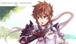  1girl absurdres armor brown_hair gloves hair_ribbon hey_cre highres long_hair lora_(xenoblade) open_mouth parted_lips pauldrons redhead ribbon short_hair shoulder_armor solo xenoblade_chronicles_(series) xenoblade_chronicles_2 xenoblade_chronicles_2:_torna_-_the_golden_country yellow_eyes 