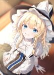  1girl alternate_eye_color arm_support artist_name bangs black_headwear black_skirt blonde_hair blue_eyes blurry blurry_background braid capelet commentary_request dated from_above grin hand_on_own_thigh hat hat_ribbon highres kirisame_marisa kisamu_(ksmz) long_hair looking_at_viewer on_floor puffy_short_sleeves puffy_sleeves ribbon shirt short_sleeves signature single_braid sitting skirt smile solo touhou very_long_hair white_capelet white_shirt witch_hat wrist_cuffs 