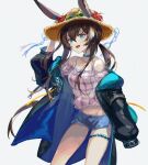  1girl :d amiya_(arknights) animal_ears arknights ascot black_coat blue_choker blue_shorts bra_strap brown_hair choker clothes_lift coat commentary_request eyewear_on_headwear feet_out_of_frame flower green_eyes hat hat_flower highres jewelry long_hair long_sleeves looking_at_viewer off-shoulder_shirt off_shoulder open_clothes open_coat open_mouth plaid plaid_skirt ponytail rabbit_ears rabbit_girl shirt shorts sidelocks simple_background skirt smile solo spacelongcat standing sunglasses thighlet white_background 