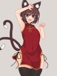  1girl :d absurdres alternate_costume alternate_eye_color animal_ear_fluff animal_ears arm_above_head armpits arms_up bare_arms black_legwear bob_cut brown_eyes brown_hair cat_ears cat_tail chen china_dress chinese_clothes claw_pose commentary cowboy_shot dress eyelashes fang grey_background highres jewelry looking_at_viewer multiple_tails ody_kishi open_mouth panties paw_pose red_dress short_hair side-tie_panties simple_background single_earring smile solo standing tail thigh-highs touhou underwear 