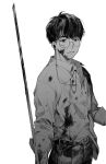  1boy belt black_hair blood blood_on_face bloody_clothes bloody_weapon broken_eyewear crack earphones earphones glasses greyscale hatching_(texture) highres holding holding_weapon jung_jae-heon_(sweet_home) looking_at_viewer male_focus monochrome parted_lips shirt_tucked_in simple_background sleeves_rolled_up smile solo sweet_home_(webtoon) unye_00 weapon white_background 