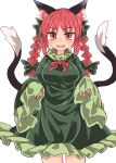 1girl animal_ear_fluff animal_ears bangs black_tail bow braid breasts cat_ears cat_tail chups cowboy_shot dress extra_ears eyebrows_visible_through_hair fangs frilled_dress frilled_sleeves frills green_bow green_dress hair_bow highres kaenbyou_rin large_breasts long_sleeves looking_at_viewer medium_hair multiple_tails neck_ribbon open_mouth red_eyes red_neckwear red_ribbon redhead ribbon side_braids simple_background solo standing tail touhou twin_braids two_tails white_background 