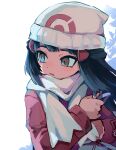  1girl artist_name bangs beanie black_hair blush coat commentary commentary_request hikari_(pokemon) grey_eyes hair_ornament hairclip hat highres holding long_hair long_sleeves looking_to_the_side open_mouth pokemon pokemon_(game) pokemon_dppt pokemon_platinum red_coat scarf solo watermark white_headwear white_scarf yonaga_story 