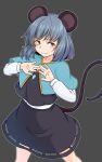  1girl animal_ears bangs black_background black_shirt black_skirt blue_capelet capelet closed_mouth cowboy_shot eyebrows_visible_through_hair grey_hair highres holding holding_jewelry holding_necklace jewelry kakone long_sleeves looking_at_viewer mouse_ears mouse_tail nazrin necklace pendant red_eyes shirt short_hair simple_background skirt smile solo standing tail touhou 