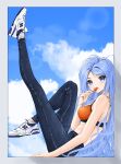  1girl :o bangs bare_arms bare_shoulders blue_eyes blue_hair blue_sky border breasts candy chaesu clouds commentary denim english_commentary eyebrows_visible_through_hair food from_side full_body grey_border highres holding holding_food jeans leaning_back legs legs_up lens_flare lollipop long_hair looking_at_viewer looking_to_the_side medium_breasts minah_(chaesu) open_mouth original outstretched_leg pants shoes sitting sky sneakers solo sports_bra swept_bangs very_long_hair white_footwear 