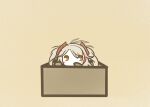  1girl antenna_hair azur_lane beige_background box chibi covering_mouth hair_ornament hand_over_own_mouth in_box in_container koti long_hair looking_at_viewer minigirl multicolored_hair prinz_eugen_(azur_lane) silver_hair simple_background solid_oval_eyes solo streaked_hair two_side_up 