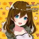  1girl apple_print bangs blue_eyes bra_strap breasts brown_hair character_request collarbone copyright_request eyebrows_visible_through_hair eyes_visible_through_hair green_jacket hair_between_eyes highres hood jacket long_hair looking_at_viewer medium_breasts open_mouth rei_(kinokotype) solo virtual_youtuber yellow_background 