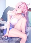  ahoge alarm_clock arm_support bed blanket blue_eyes blush breast_press breasts cleavage clock collarbone hair_intakes highres horns kanola_u large_breasts original pillow pink_hair pointy_ears shirt shorts smile thighs white_shirt 