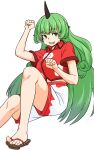  1girl bangs clenched_hands collared_shirt curly_hair eyebrows_visible_through_hair geta green_eyes green_hair heart highres horns kakone kariyushi_shirt komano_aun long_hair looking_at_viewer open_mouth paw_pose red_shirt shirt short_sleeves shorts simple_background single_horn smile solo touhou white_background white_shorts 