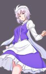 1girl apron bangs blue_skirt blue_vest cowboy_shot eyebrows_visible_through_hair frilled_skirt frills grey_background highres juliet_sleeves kakone letty_whiterock light_purple_hair long_sleeves looking_at_viewer open_mouth puffy_sleeves scarf short_hair simple_background skirt solo standing touhou vest violet_eyes white_apron white_headwear white_scarf 