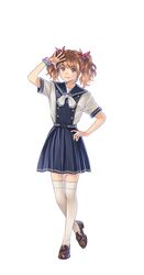  1girl blue_eyes blue_sailor_collar brown_footwear full_body highres kneehighs love_r love_r_kiss mino_tarou nakaza_romi official_art orange_hair pleated_skirt polka_dot ribbon sailor_collar school_uniform scrunchie serafuku simple_background skirt solo white_legwear 