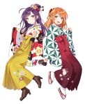  2girls absurdres alternate_costume alternate_hairstyle boots flower full_body gloves hair_bun hair_flower hair_ornament hanamaru_hareru hanayori_jyoshiryou highres holding_hands issindotai kohigashi_hitona multiple_girls open_mouth orange_hair purple_hair simple_background violet_eyes virtual_youtuber white_background 