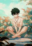  1boy arsh_(thestarwish) barefoot black_hair day indian_style jewelry kemono_jihen kusaka_kabane male_focus muscular muscular_male necklace outdoors red_eyes shirtless short_hair sitting solo 