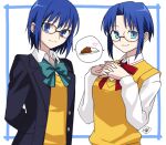  1girl arms_behind_back bangs black-framed_eyewear blue_eyes blue_hair blue_jacket blush bow bowtie breasts buttons ciel_(tsukihime) closed_mouth collared_shirt commentary_request curry eyebrows_visible_through_hair fingers_together food glasses green_bow hair_between_eyes heart jacket long_sleeves looking_at_viewer open_clothes open_jacket own_hands_together parted_bangs pocket red_bow school_uniform shirt short_hair signature simple_background smile tsukihime tsukihime_(remake) uniform vanilla1034 vest white_background white_shirt yellow_vest 