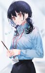  1girl black_hair black_skirt blue_shirt blurry blurry_background blush brown_eyes collared_shirt food highres holding holding_food holding_pocky long_hair long_sleeves looking_at_viewer office_lady original parted_lips pencil_skirt pocky shia_job shirt skirt solo standing twintails 