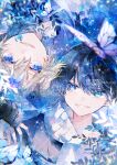  2boys absurdres bangs bishounen blue_eyes bug butterfly chromatic_aberration ear_piercing glint grey_hair highres leaf looking_at_another male_child male_focus multiple_boys original painting_(medium) piercing short_hair smile sparkle swept_bangs traditional_media watercolor_(medium) yousan1162 