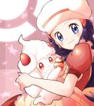  1girl alcremie alcremie_(strawberry_sweet) apron blue_eyes blush character_name closed_mouth commentary_request cupcake hikari_(pokemon) dress eyelashes food gen_8_pokemon hair_ornament hairclip hat highres holding holding_pokemon long_hair looking_at_viewer okoge_(simokaji) pokemon pokemon_(creature) pokemon_(game) pokemon_masters_ex red_dress shiny short_sleeves signature smile star_(symbol) 