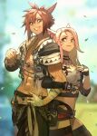  1boy 1girl bandaged_arm bandaged_hands bandages blurry blurry_background breasts brown_hair cowboy_shot detached_sleeves facial_mark final_fantasy final_fantasy_xiv forehead hair_between_eyes hand_on_hip hide_(hideout) highres locked_arms long_hair looking_at_another medium_breasts miqo&#039;te pink_hair short_hair smile tattoo thigh-highs whisker_markings yellow_eyes 