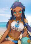  &gt;_o 1girl armlet bare_shoulders beach bike_shorts black_hair blue_eyes blue_hair blue_sky blush breasts chewtle clothes_writing collarbone commentary_request dark_skin day earrings eyeshadow forehead gen_8_pokemon hair_bun highres hoop_earrings horizon jewelry katwo long_hair looking_at_viewer makeup medium_breasts multicolored_hair navel necklace nessa_(pokemon) ocean one_eye_closed outdoors parted_lips pokemon pokemon_(creature) pokemon_(game) pokemon_swsh sitting sky smile sports_bra stomach toned two-tone_hair very_long_hair 