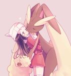  1girl beanie blush coat commentary_request hikari_(pokemon) eyelashes fingernails gen_4_pokemon hand_up hat heart highres hug komasawa_(fmn-ppp) long_hair long_sleeves lopunny open_mouth pink_background pokemon pokemon_(creature) pokemon_(game) pokemon_dppt pokemon_platinum red_coat scarf simple_background sweatdrop thigh-highs v-shaped_eyebrows 