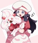  1girl :d alcremie alcremie_(strawberry_sweet) apron black_hair blush candy chocolate chocolate_bar commentary_request hikari_(pokemon) dress eyelashes food gen_8_pokemon grey_eyes hat heart holding holding_pokemon open_mouth pokemon pokemon_(creature) pokemon_(game) pokemon_masters_ex red_dress red_mittens shigetake_(buroira) short_sleeves smile tongue white_headwear 