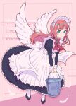  1girl absurdres alternate_costume angel angel_wings blue_eyes bow bucket english_text enmaided falling_feathers feathers frills gem highres holding holding_bucket kae610_oekaki long_hair looking_at_viewer maid maid_headdress orange_hair original parted_lips red_bow red_neckwear solo water wings 