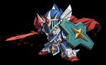  cape chibi gundam holding holding_shield holding_sword holding_weapon im_(badmasa) knight knight_gundam looking_at_viewer mecha no_humans sd_gundam sd_gundam_gaiden shield solo sword v-fin weapon yellow_eyes 