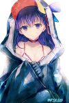  1girl alternate_costume animal_hood artist_name bangs bare_shoulders bikini bikini_top black_choker black_jacket blue_bow blue_eyes blue_hair blush bow breasts choker collarbone eyebrows_visible_through_hair fate/stay_night fate_(series) hair_bow hand_up hood jacket large_breasts long_hair long_sleeves looking_at_viewer matou_sakura parted_lips sitting sleeveless sleeves_past_wrists solo sunlight swimsuit upper_body white_background white_bikini white_bow wide_sleeves yokaranu_yuuna 